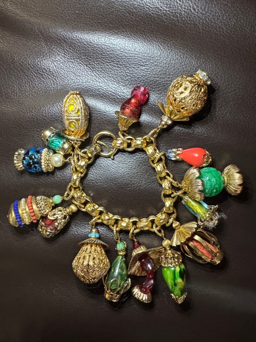 RARE 1950s “Asian Lantern “ Napier Gold-Tone Multicolor Glass Charm Bracelet.